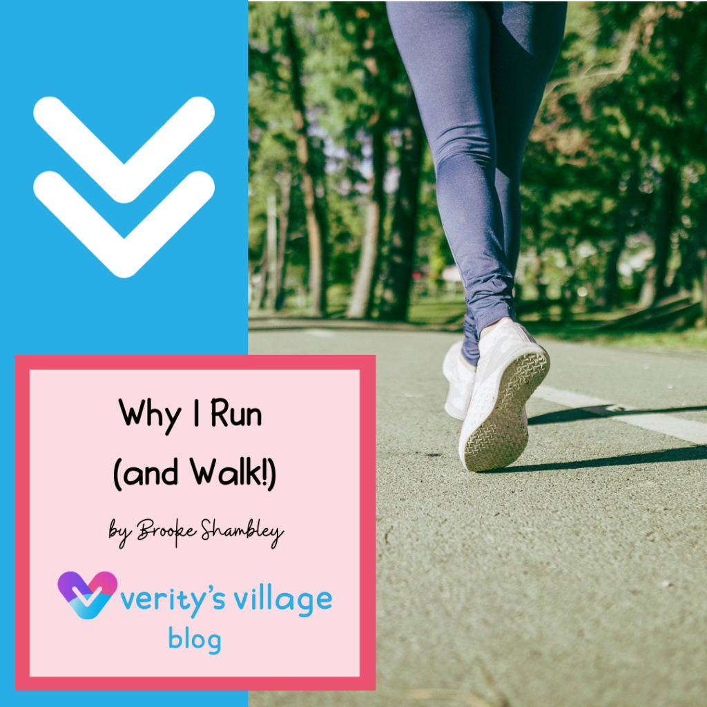 Run for the Rare 2022 - Runner on the road with block stating Why I Run (and Walk!) by Brooke Shambley
